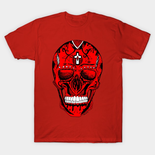 Red and Black Day of the Dead Skull T-Shirt by kenallouis